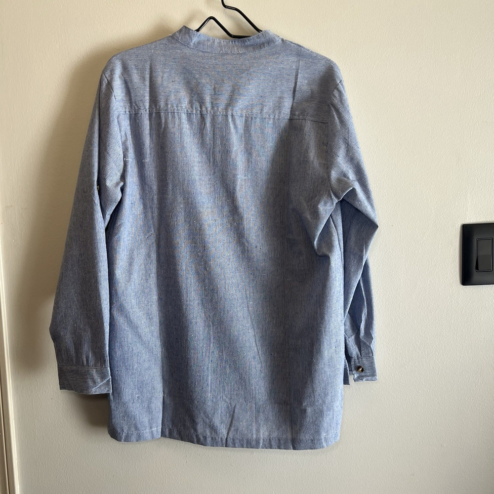 Tunic Top V-Neck Button Roll-Tab Sleeve Blue Stripe Woman’s Large No Tag - Picture 11 of 16